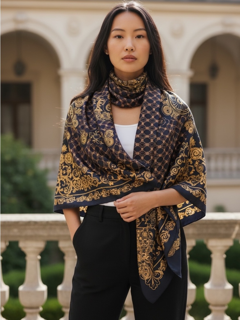 Ornate Black and Gold Print Scarf